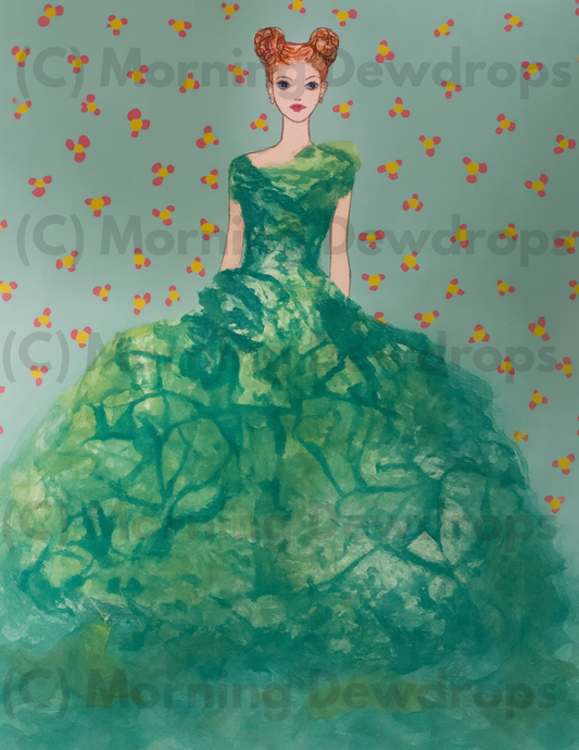 Silvia is elegant, watchful and full of mystery. Her sweeping, full gown hides her in the woodlands in a mix of tangled & textured green patterns. Does she talk to the fairies along mossy paths and hidden glens? With her copper hair twisted up, she's quite enchanting. Silvia is a guardian of nature and creativity. BUT most of all Silvia is kind - I painted her as part of Shakespeare's, "The Two Gentlemen from Verona" -for she's fair in beauty, but is also kind.