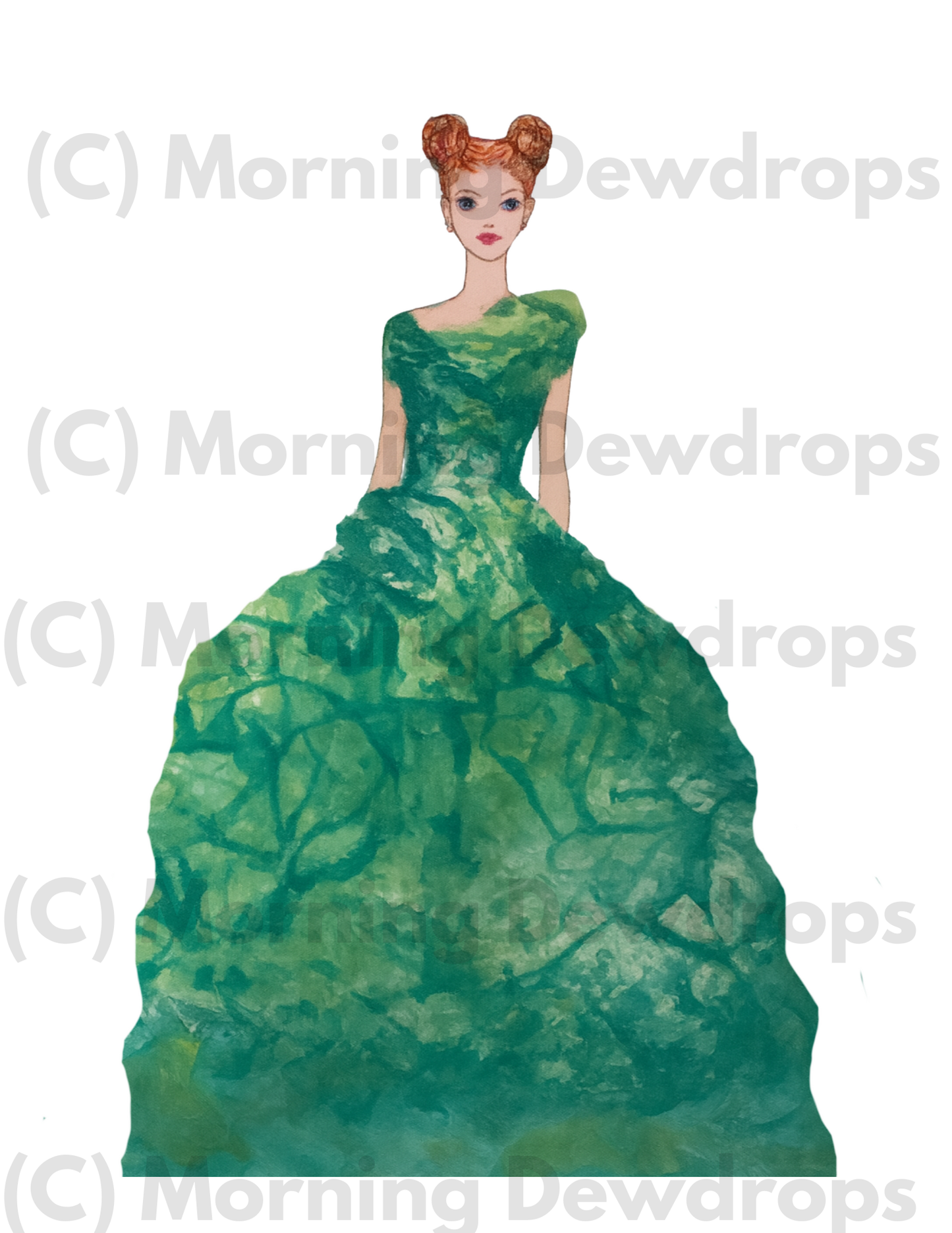 Silvia is elegant, watchful and full of mystery. Her sweeping, full gown hides her in the woodlands in a mix of tangled & textured green patterns. Does she talk to the fairies along mossy paths and hidden glens? With her copper hair twisted up, she's quite enchanting. Silvia is a guardian of nature and creativity. BUT most of all Silvia is kind - I painted her as part of Shakespeare's, "The Two Gentlemen from Verona" -for she's fair in beauty, but is also kind.