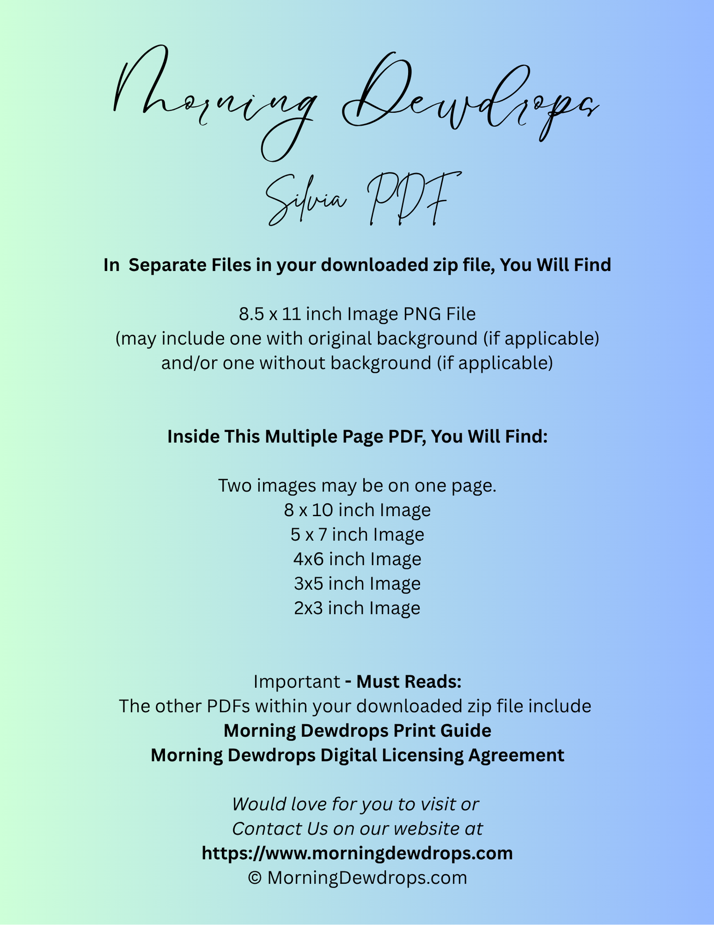 First Page of PDF for a digital product download with text on a gradient background. Shows image sizes and contents of the PDF.