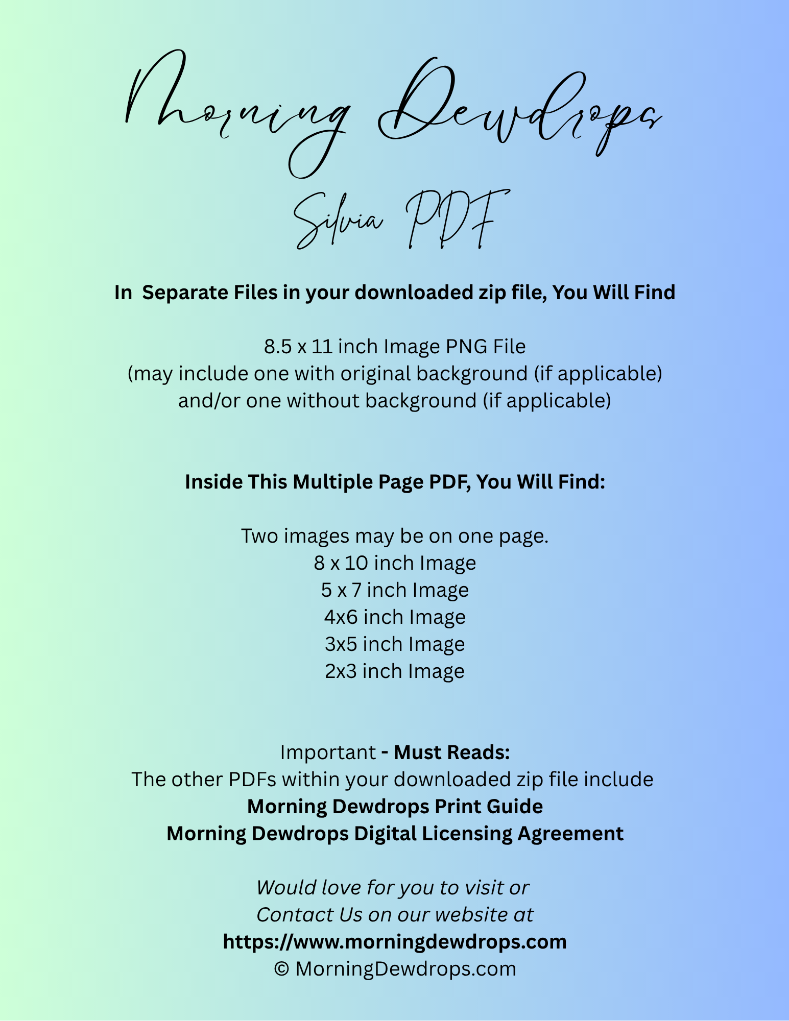 First Page of PDF for a digital product download with text on a gradient background. Shows image sizes and contents of the PDF.