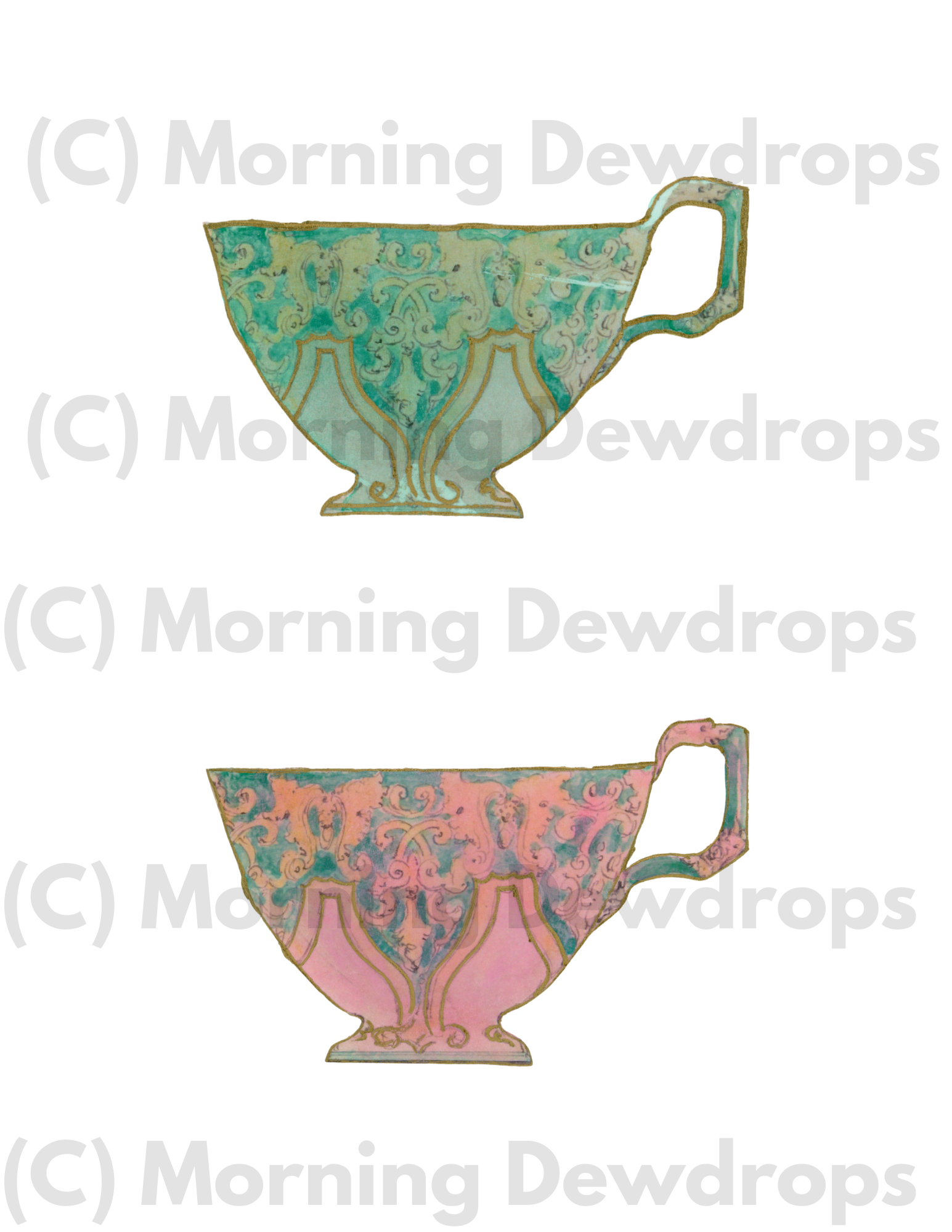 These hand-painted teacups were created from a vintage design using DIY Paint and Golden Ticket (Gold Liquid Patina). Rich with ornate scrollwork with soft painterly colors of green and pink. Think of your grandmother's china in her china cabinet. She'd say, “just for company." Imperfect layers mimic aged porcelain. A beautiful blend of heirloom charm and mixed-media artistry.
