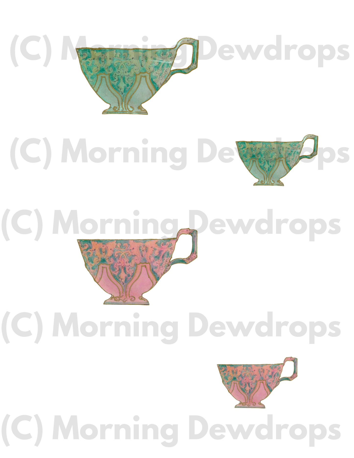 These hand-painted teacups were created from a vintage design using DIY Paint and Golden Ticket (Gold Liquid Patina). Rich with ornate scrollwork with soft painterly colors of green and pink. Think of your grandmother's china in her china cabinet. She'd say, “just for company." Imperfect layers mimic aged porcelain. A beautiful blend of heirloom charm and mixed-media artistry.