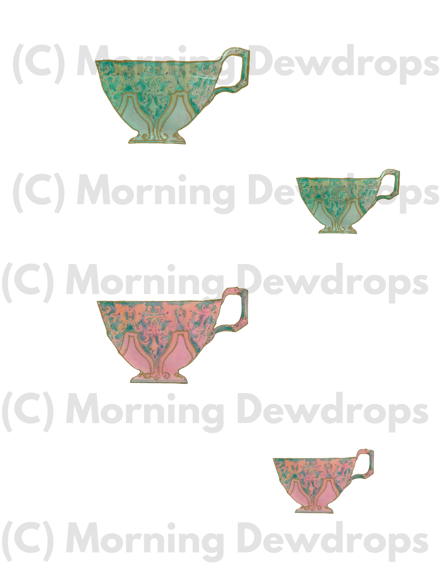 These hand-painted teacups were created from a vintage design using DIY Paint and Golden Ticket (Gold Liquid Patina). Rich with ornate scrollwork with soft painterly colors of green and pink. Think of your grandmother's china in her china cabinet. She'd say, “just for company." Imperfect layers mimic aged porcelain. A beautiful blend of heirloom charm and mixed-media artistry.