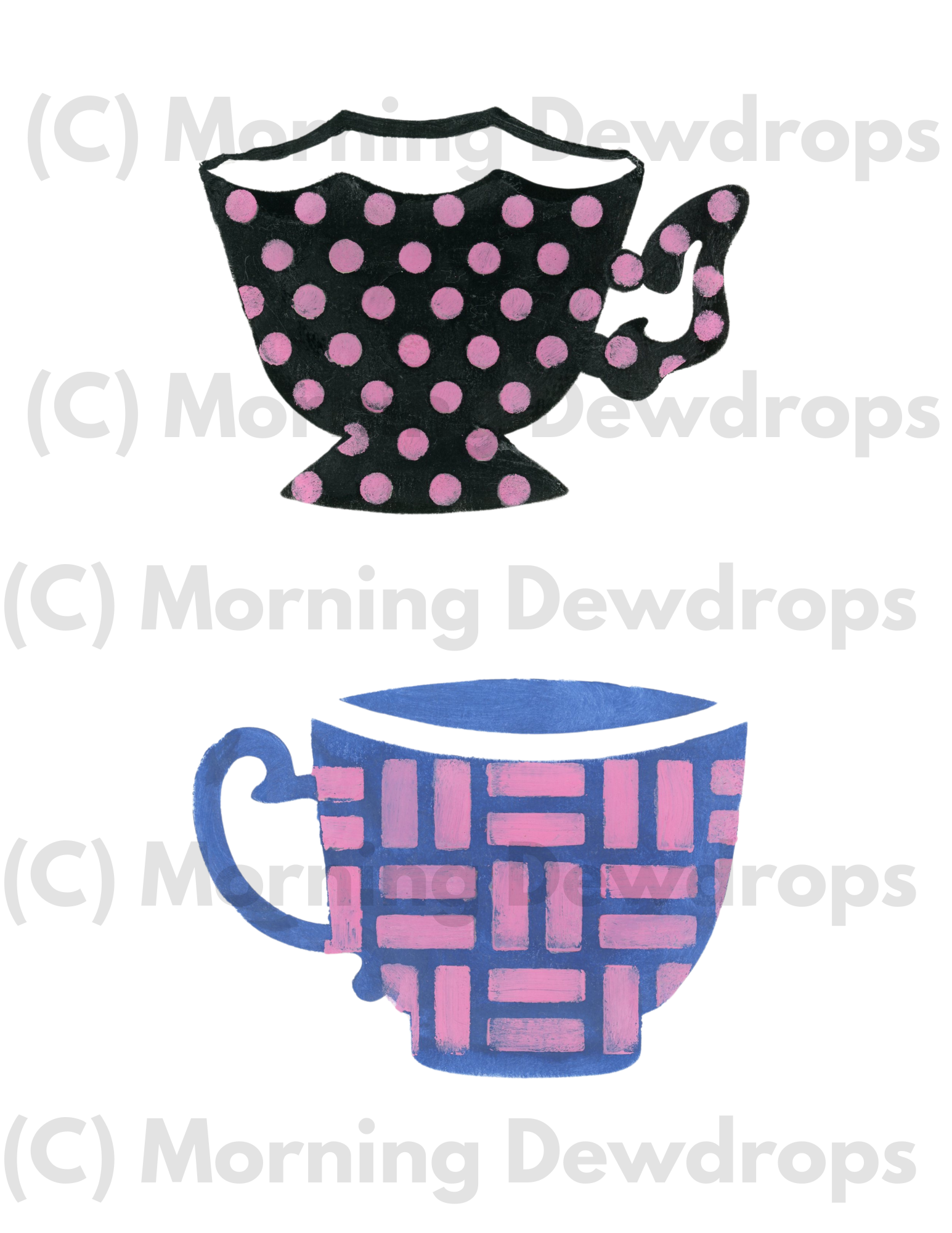 Three teacups with patterns hand painted with DIY Paint.  

Black Cup with Pink Polka Dots — bold, playful, and full of modern charm.

Blue Cup with Pink Geometric Blocks — almost quilt-like, with clean repeating shapes and painterly texture.

Mint Green Cup with Pink Clovers— soft, sweet, and perfect for spring or cottage-core pages.