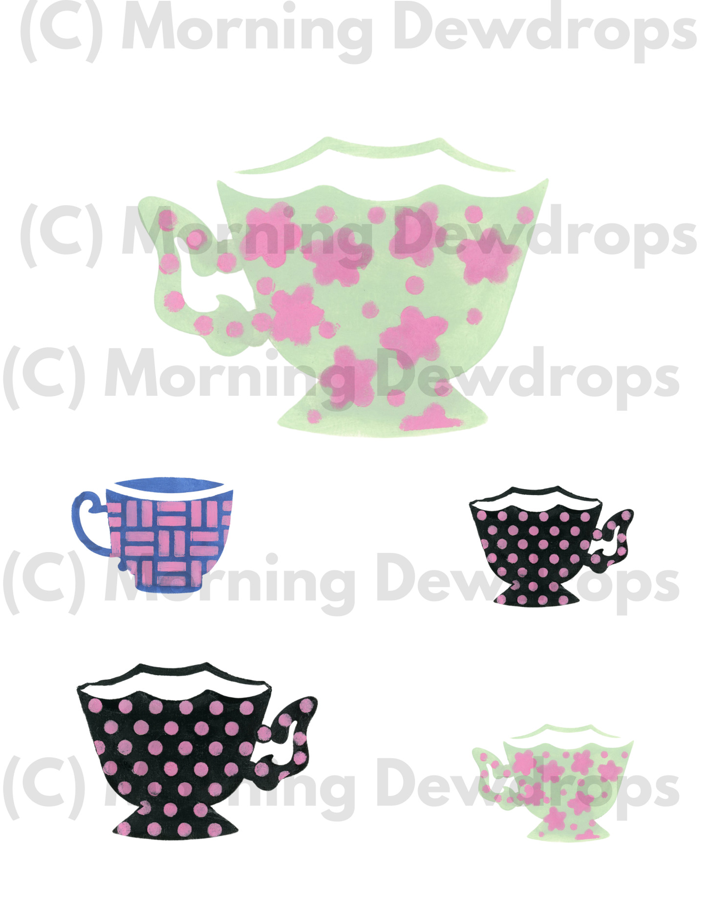 Three teacups with patterns hand painted with DIY Paint.  

Black Cup with Pink Polka Dots — bold, playful, and full of modern charm.

Blue Cup with Pink Geometric Blocks — almost quilt-like, with clean repeating shapes and painterly texture.

Mint Green Cup with Pink Clovers— soft, sweet, and perfect for spring or cottage-core pages.