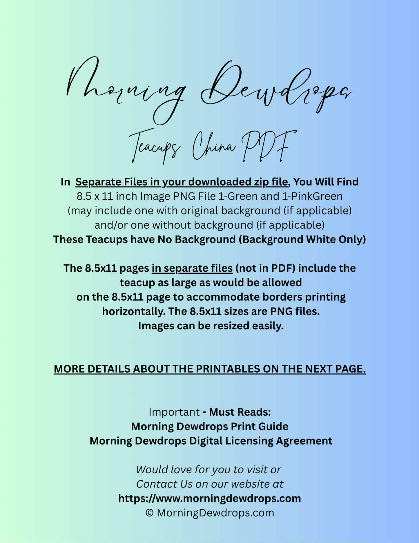 First Page of PDF for a digital product download with text on a gradient background. Shows images sizes and contents of the PDF