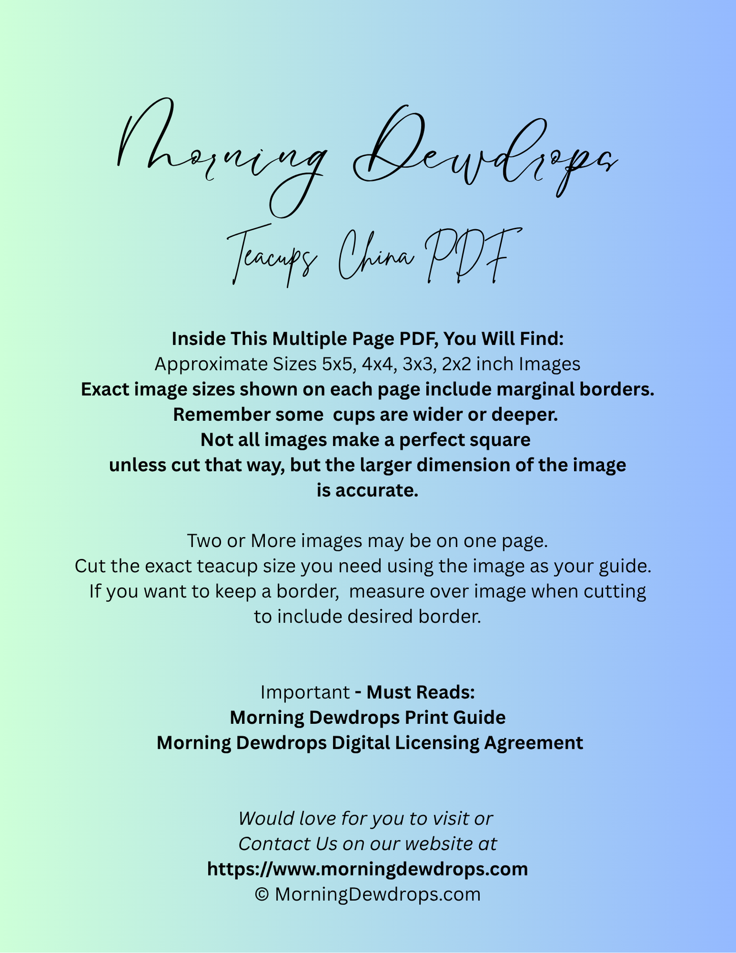 Second Page of PDF for a digital product download with text on a gradient background. Shows images sizes and contents of the PDF