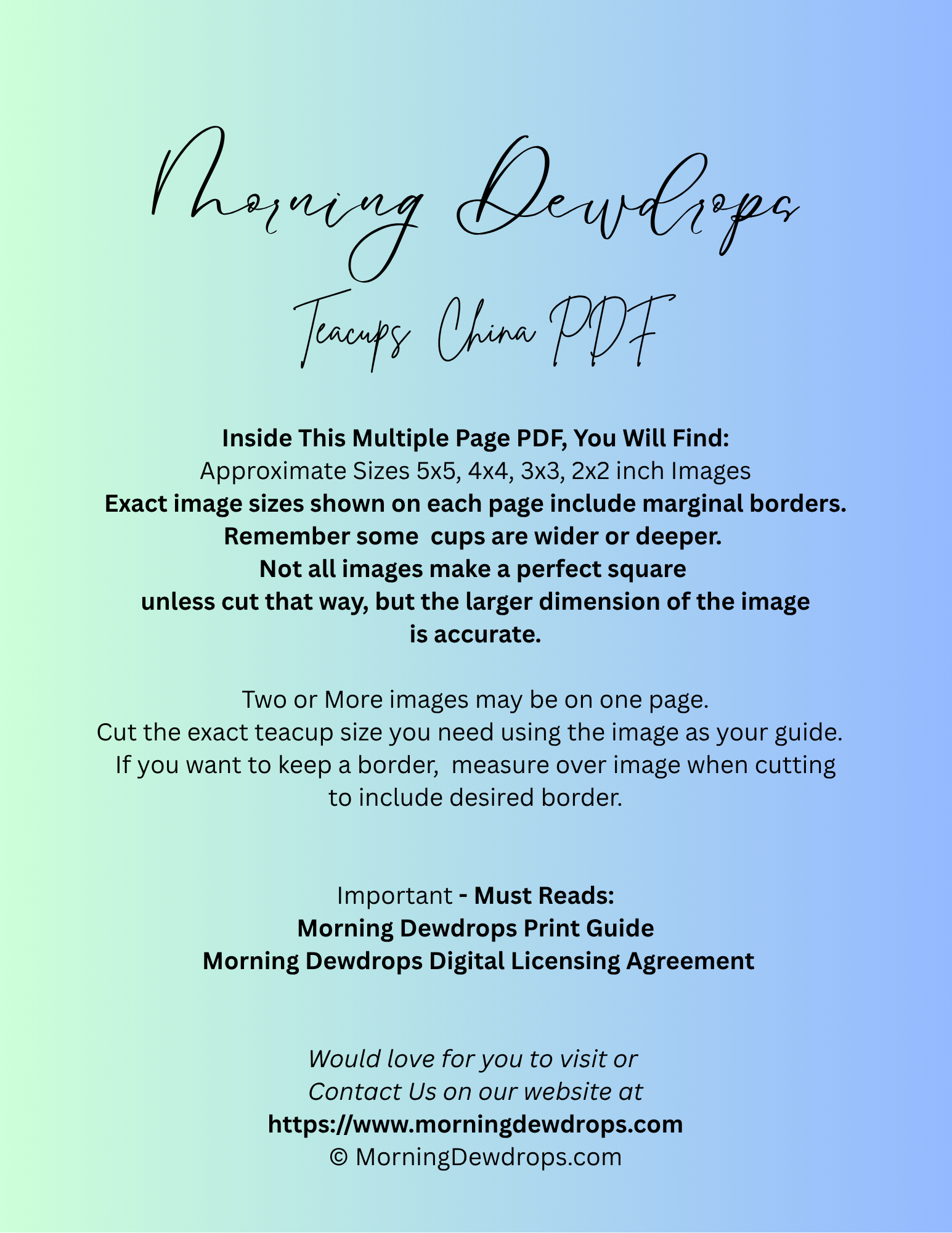 Second Page of PDF for a digital product download with text on a gradient background. Shows images sizes and contents of the PDF