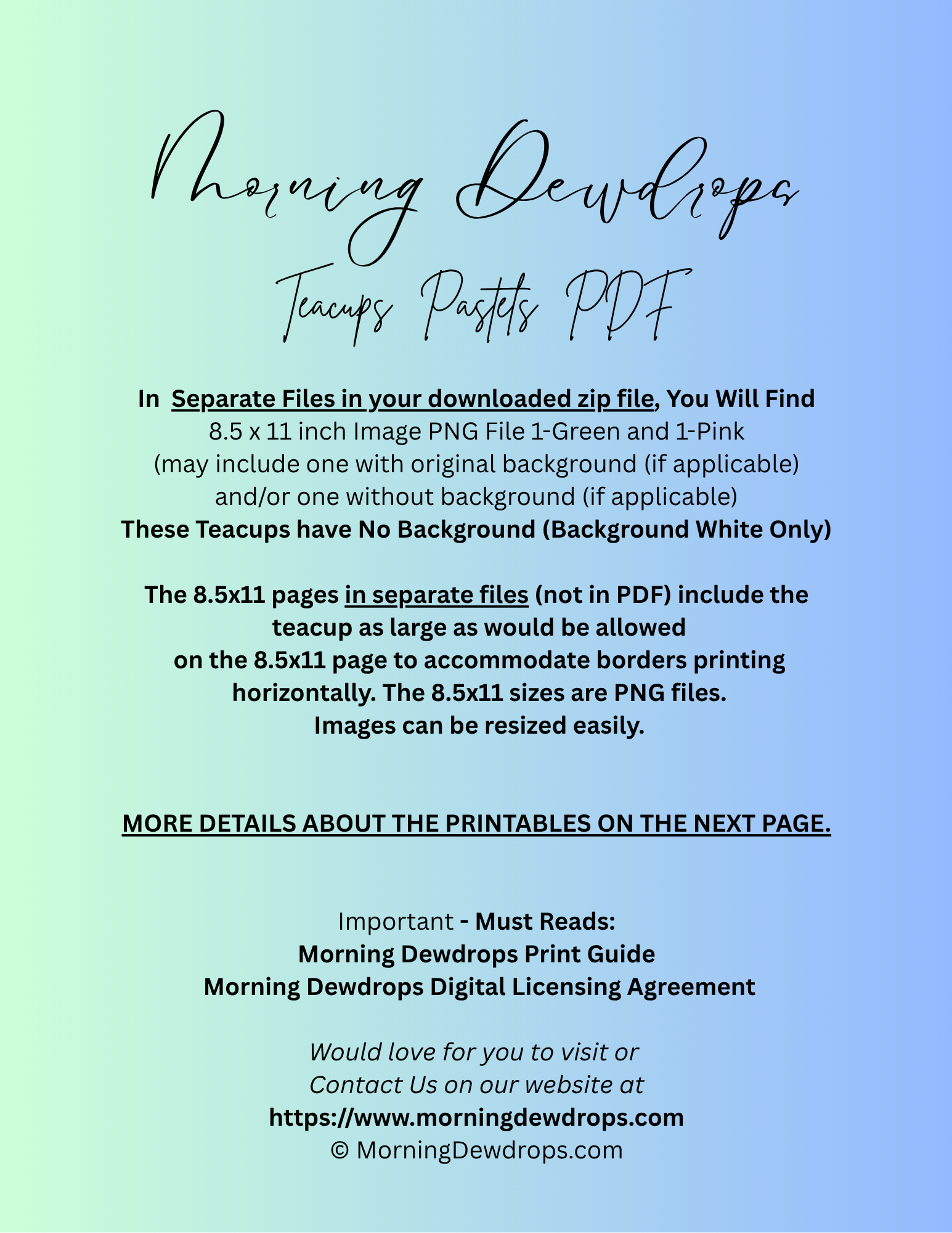 First Page of PDF for a digital product download with text on a gradient background. Shows images sizes and contents of the PDF