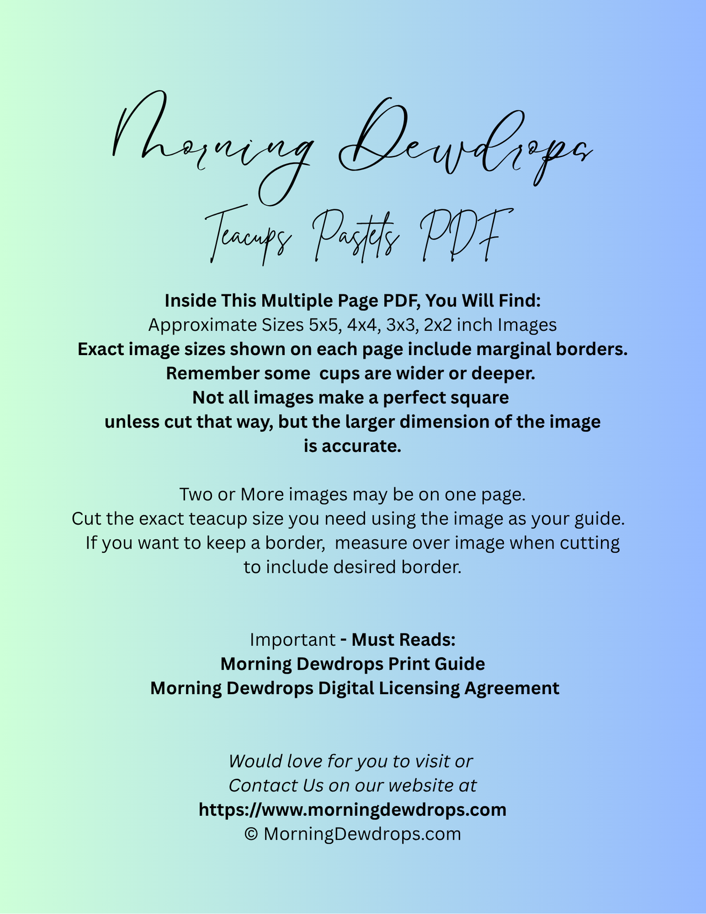 Second Page of PDF for a digital product download with text on a gradient background. Shows images sizes and contents of the PDF