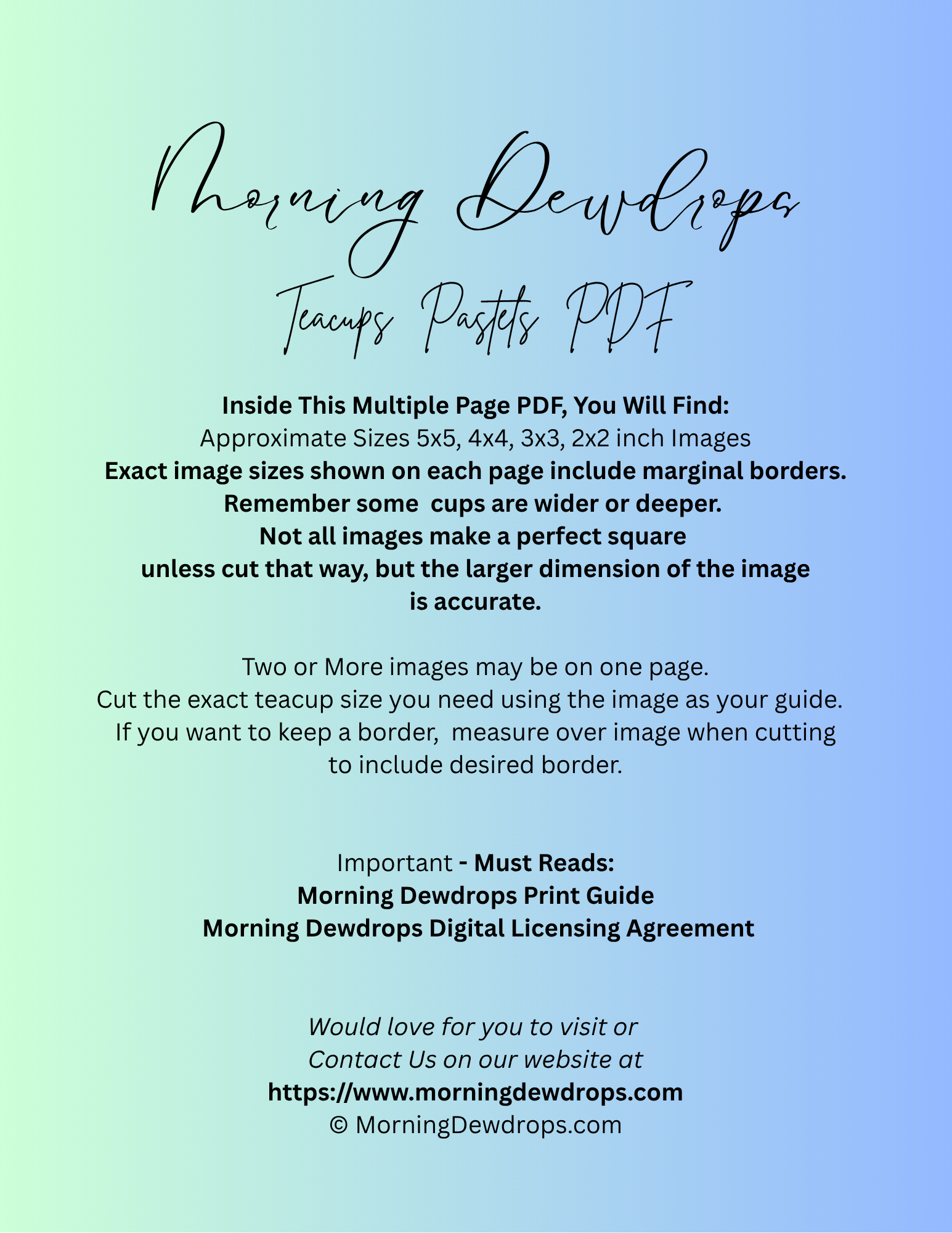 Second Page of PDF for a digital product download with text on a gradient background. Shows images sizes and contents of the PDF