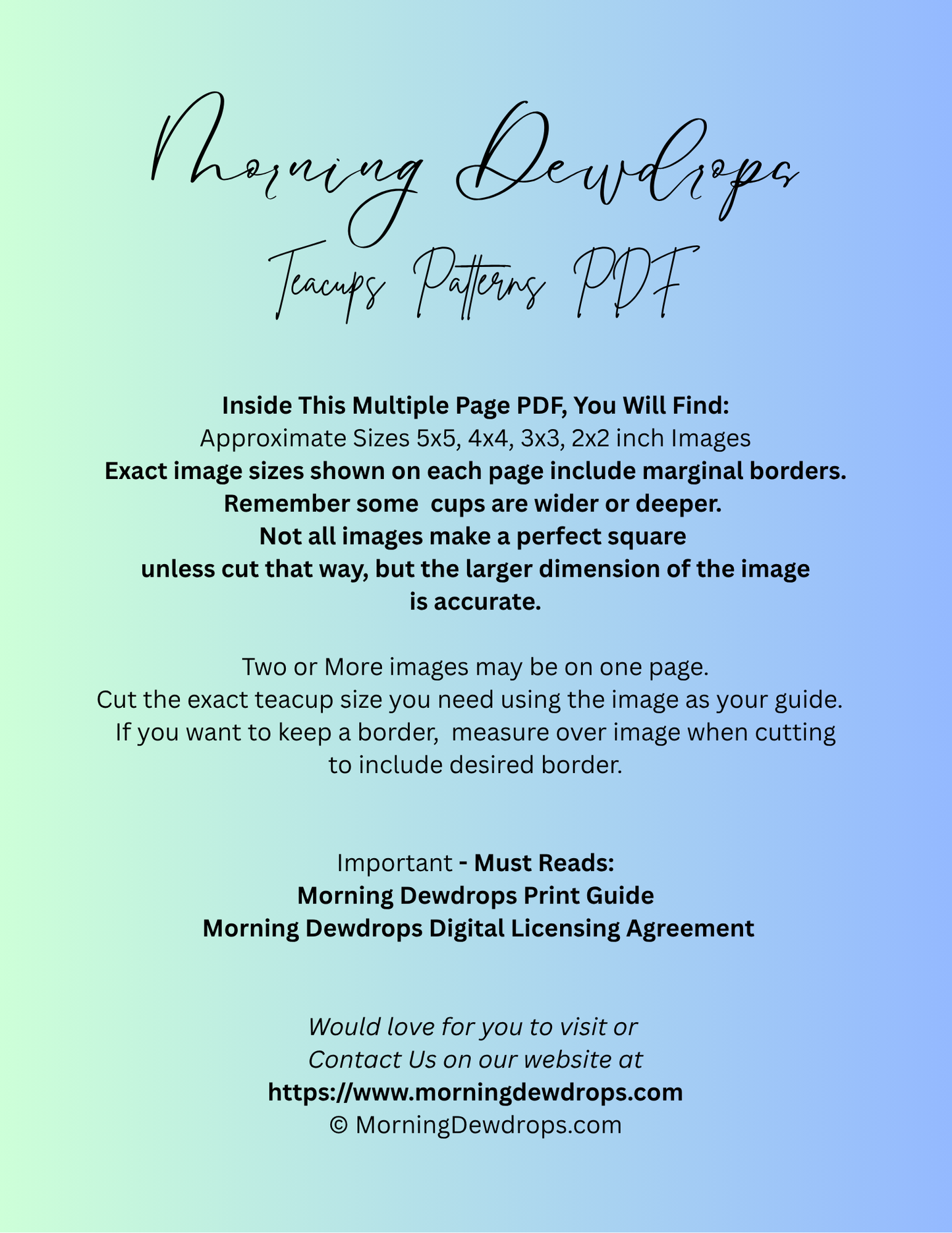 First Page of PDF for a digital product download with text on a gradient background. Shows images sizes and contents of the PDF