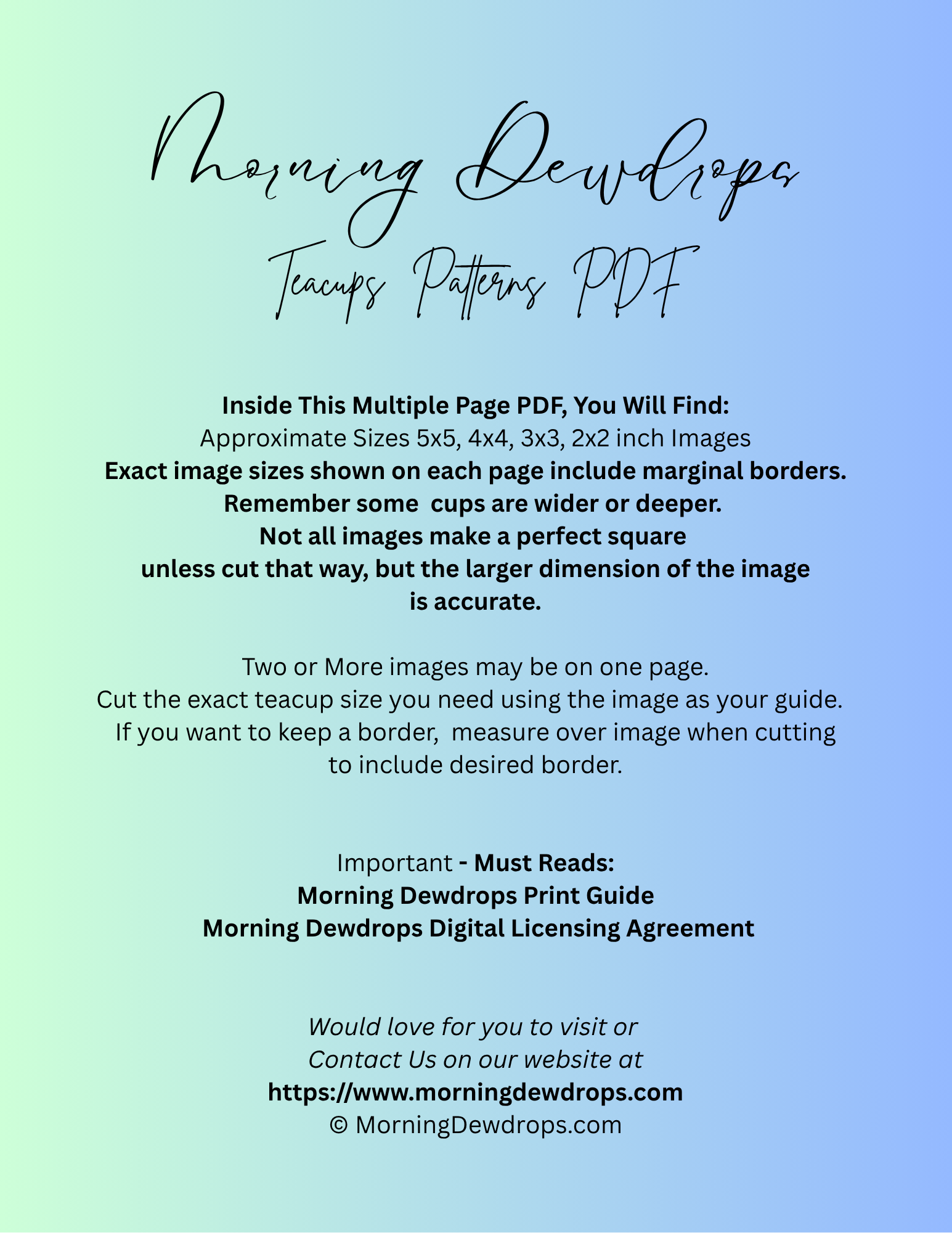 Second Page of PDF for a digital product download with text on a gradient background. Shows images sizes and contents of the PDF