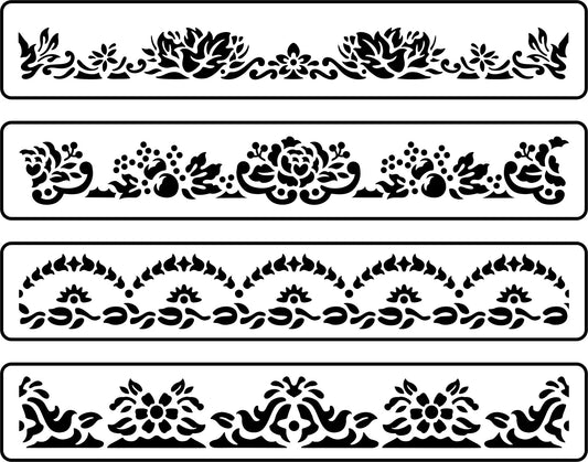 Reusable Stencil - Transferware Border Pack - Set of four decorative floral border stencils with intricate patterns.