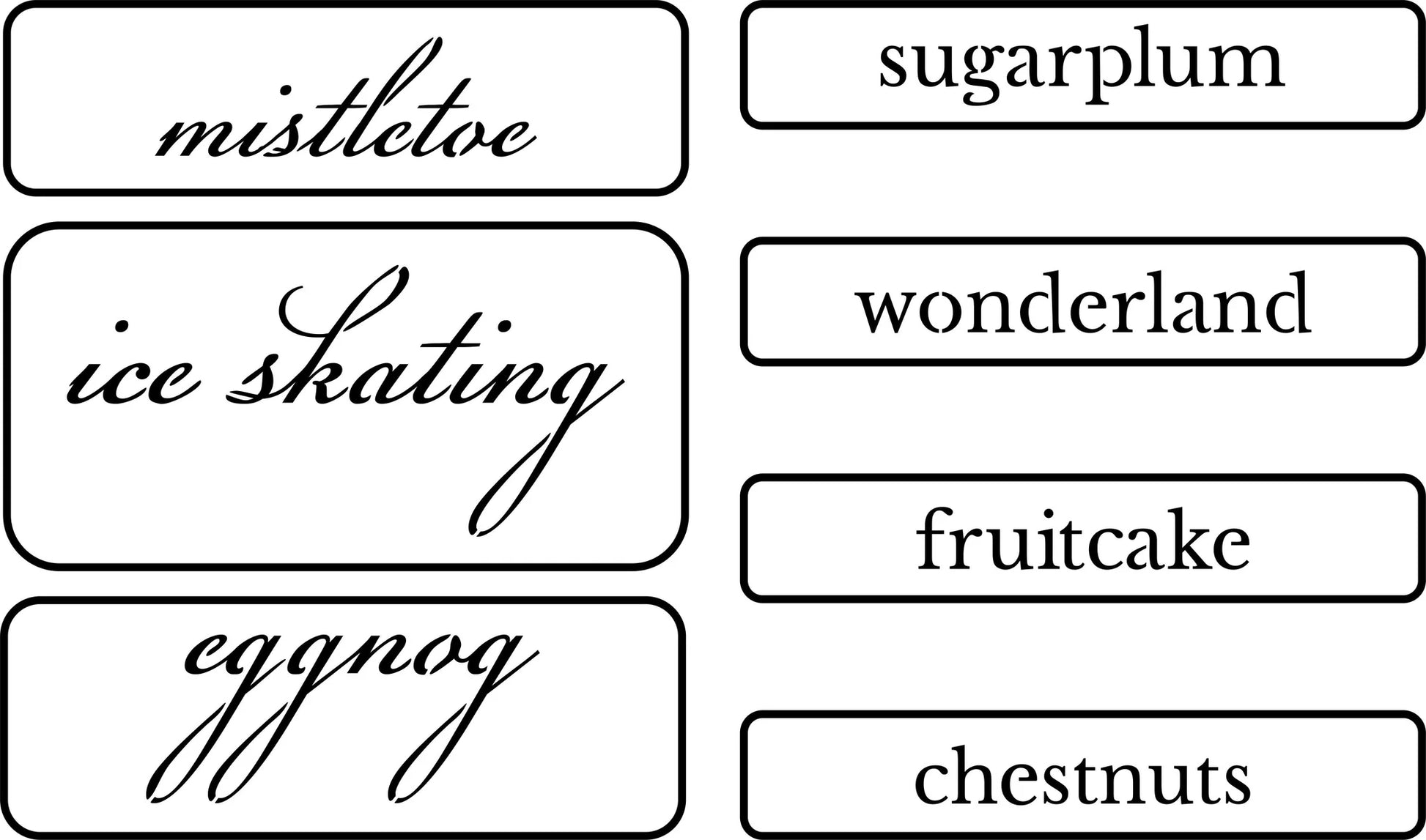 Reusable 7 stencil set - Christmas Words, eggnog, mistletoe, ice skating, sugarplum, wonderland, fruitcake, chestnuts