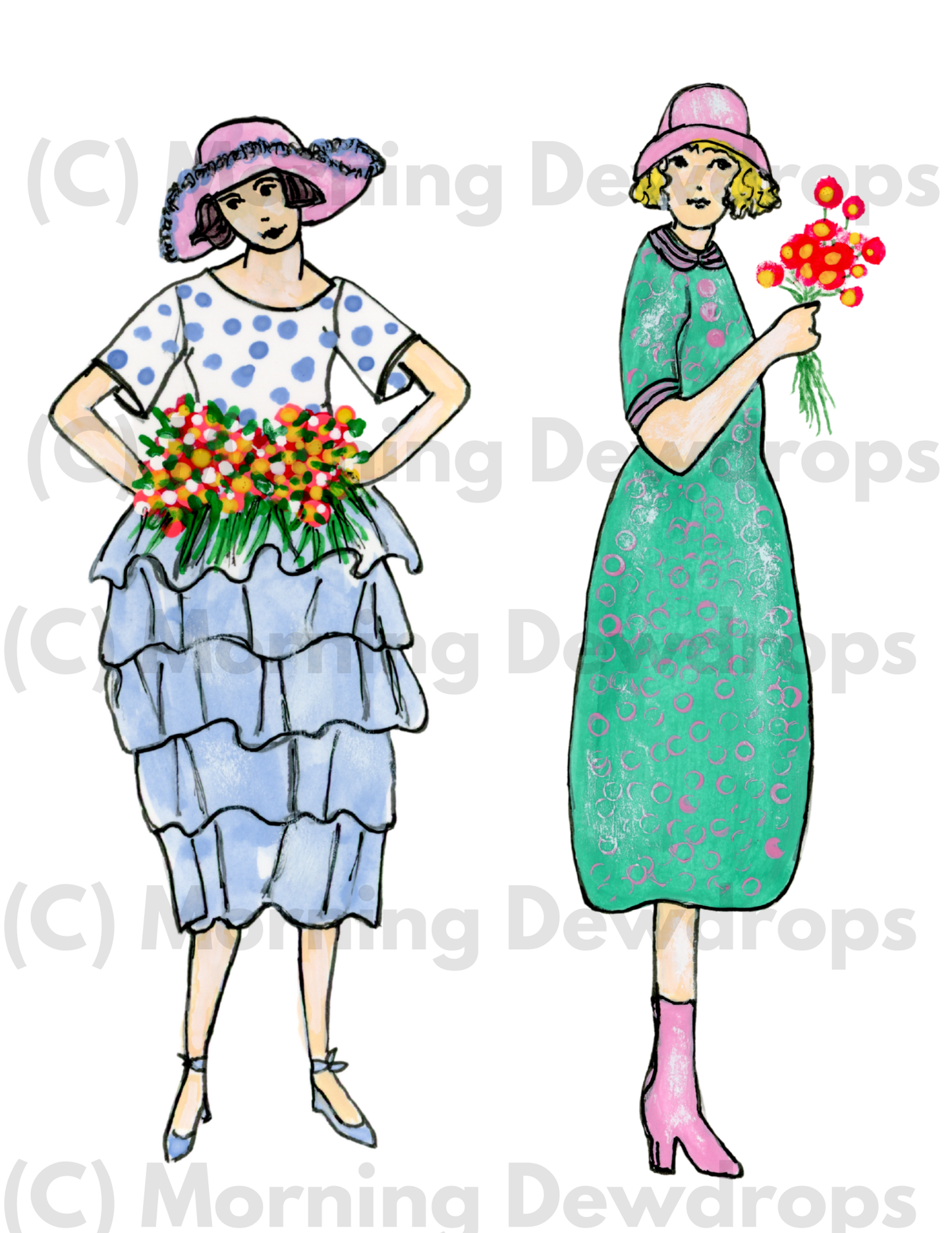 Daisy is wearing a blouse with polka dots,  a tiered-skirt in periwinkle and a wide-brim sun hat. She is holding a bouquet of wildflowers.
Ivy is wearing a green, shift dress with a pink cloche hat & boots. She picked some flowers from a neighbor's yard on her way to town.  Ivy expresses joy and authenticity.