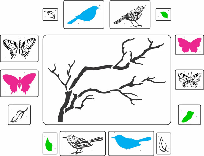 Reusable Stencil Set of Flutter & Feathers including birds, butterflies, and leaves on branches