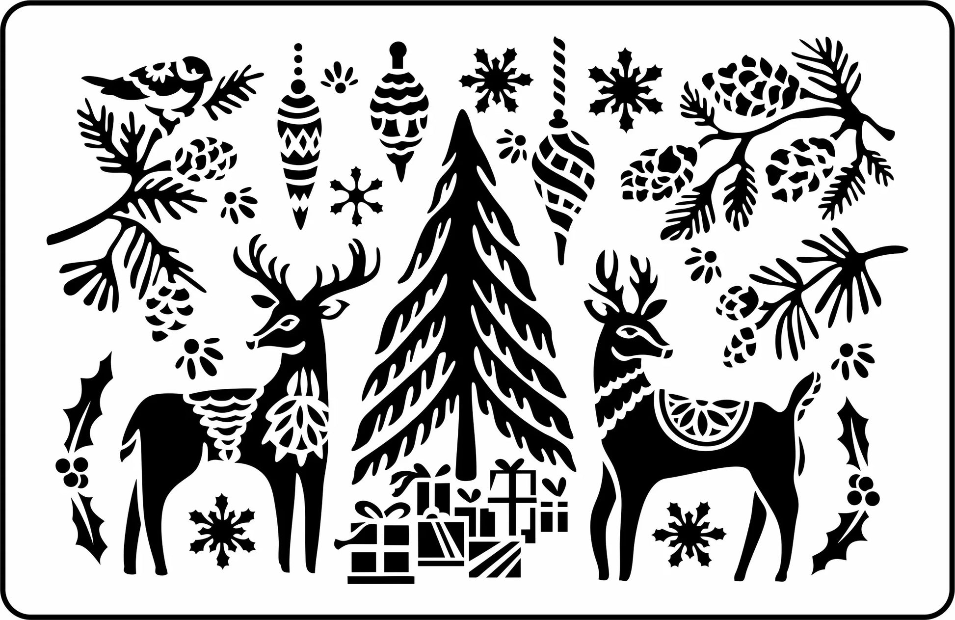 Reusable Stencil, 15 mils thick, Decorative Christmas design with reindeer, Christmas Tree and winter elements
