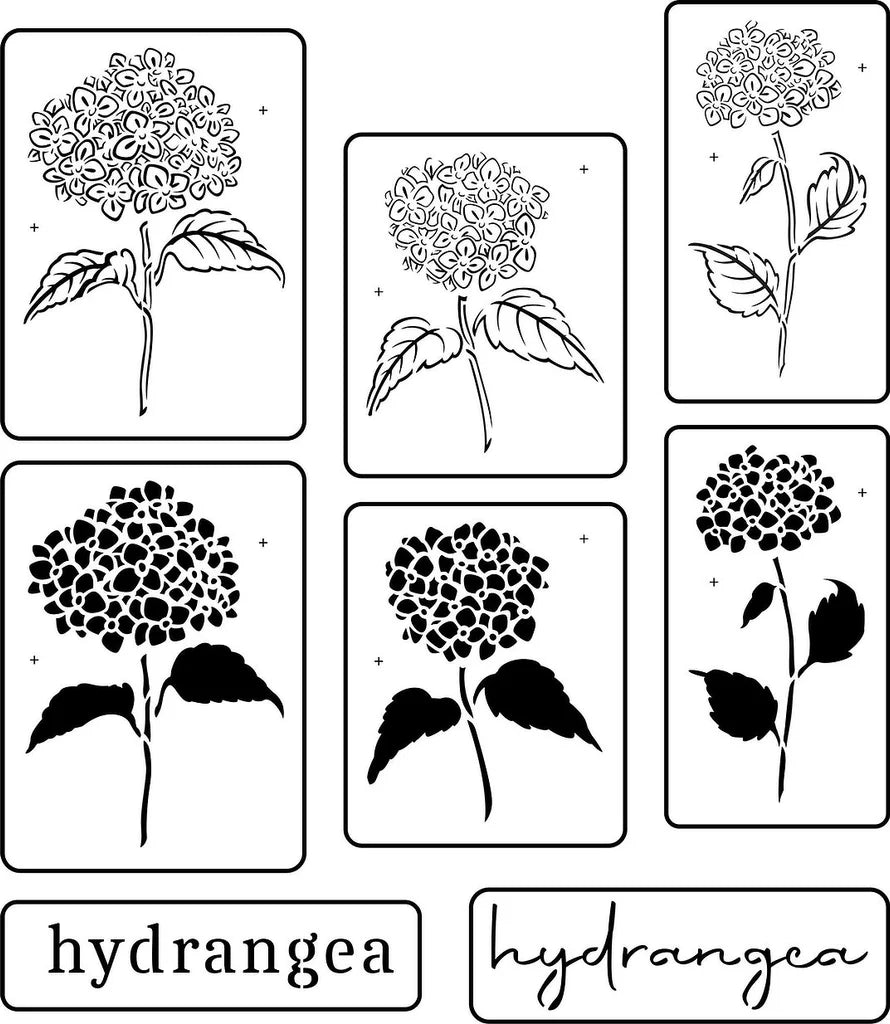 Heavenly Hydrangea Overlay, Reusable Stencil Set - 3 overlay hydrangeas and two "hydrangea" word stencils