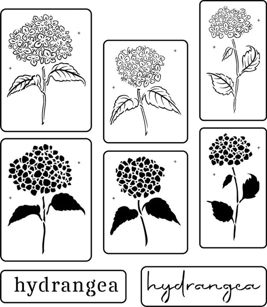 Heavenly Hydrangea Overlay, Reusable Stencil Set - 3 overlay hydrangeas and two "hydrangea" word stencils