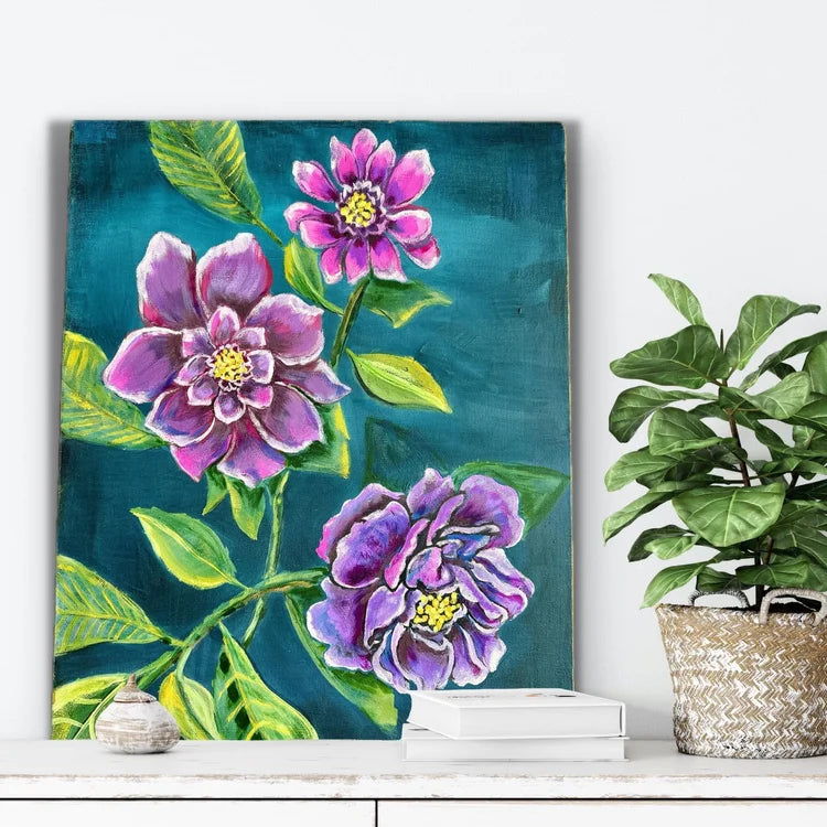 Debi's painting using Hopeful Petals with Overlay Stencil - Three purple flowers in various sizes on dark turquoise background
