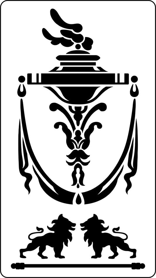 Reusable Stencil, 15mil thick -Decorative emblem with a central design, two lions at the bottom, and a banner 