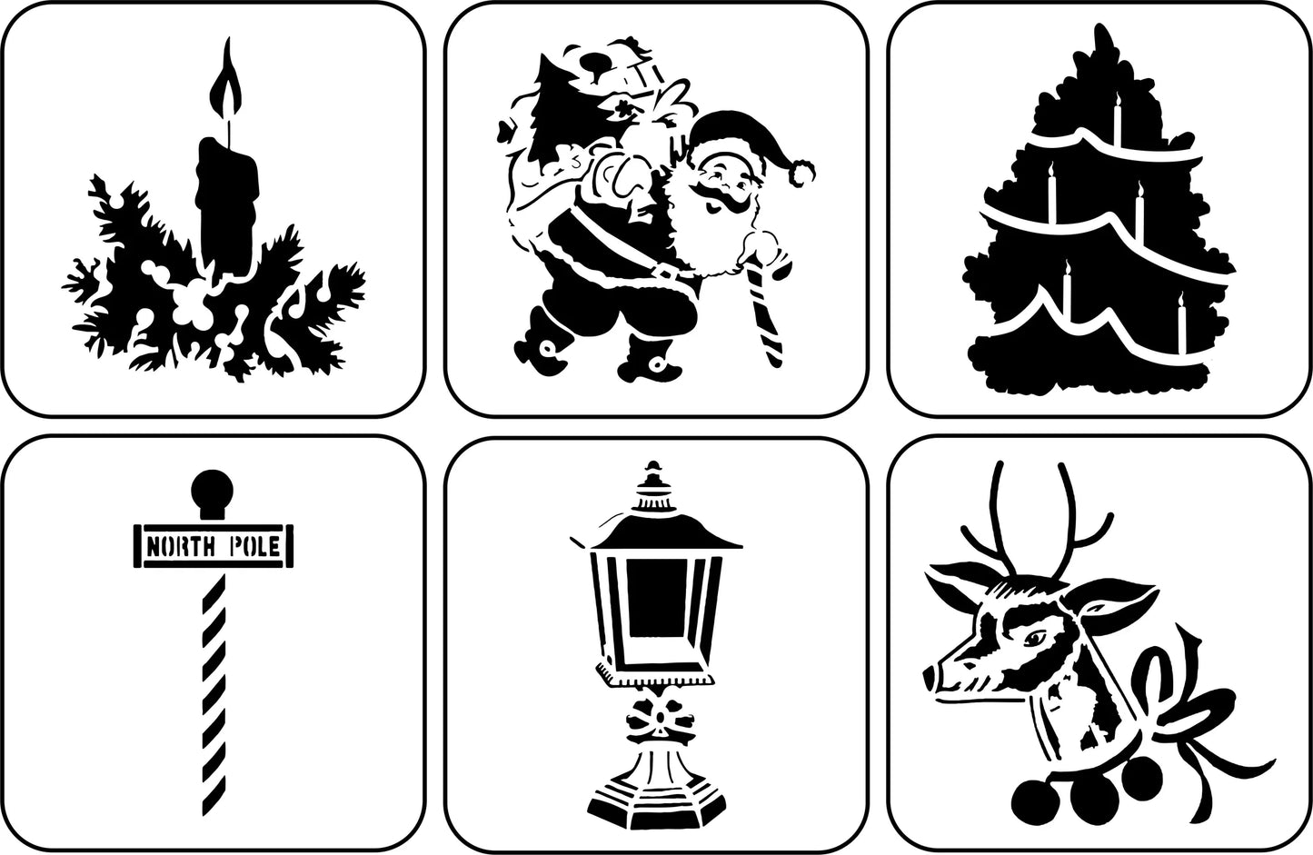 Reusable Stencil - Vintage Christmas - 6 stencils, Santa, Christmas Tree, Candle & Holly, Reindeer, North Pol and Lantern 